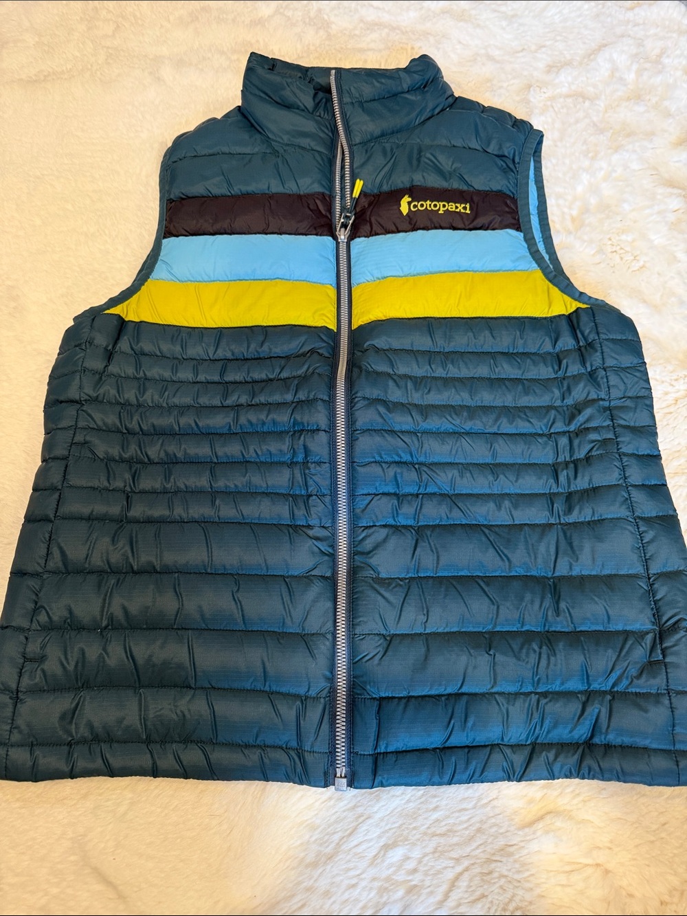 cotopaxi Teal Vest with Yellow & Light Blue Stripes